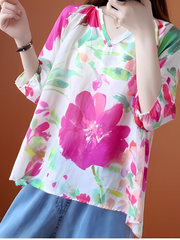 Printed Blouse Shirt Loose V Neck Tops Pullover Casual