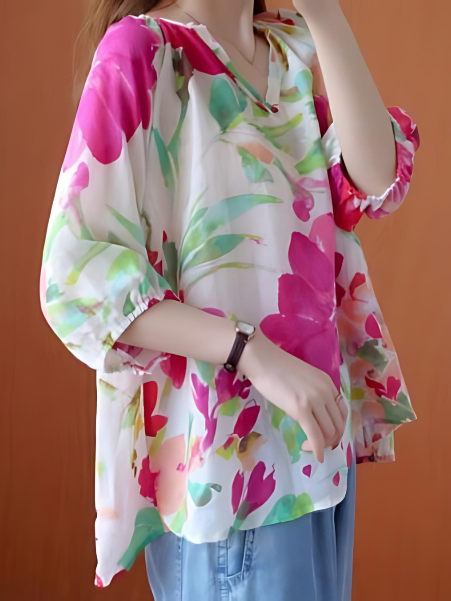 Printed Blouse Shirt Loose V Neck Tops Pullover Casual