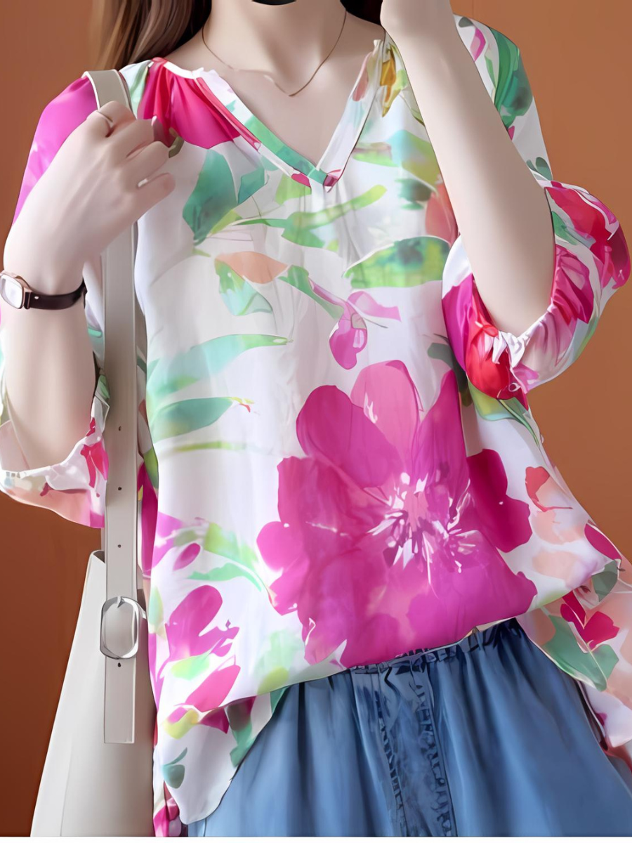 Printed Blouse Shirt Loose V Neck Tops Pullover Casual