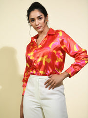 Red Abstract Printed Casual Satin Shirt for Ladies