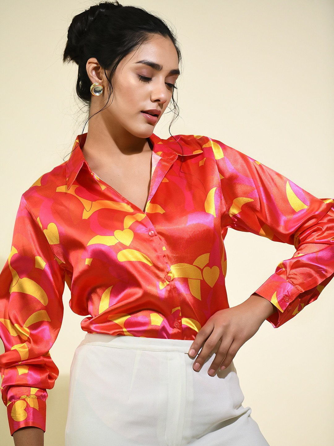 Red Abstract Printed Casual Satin Shirt for Ladies