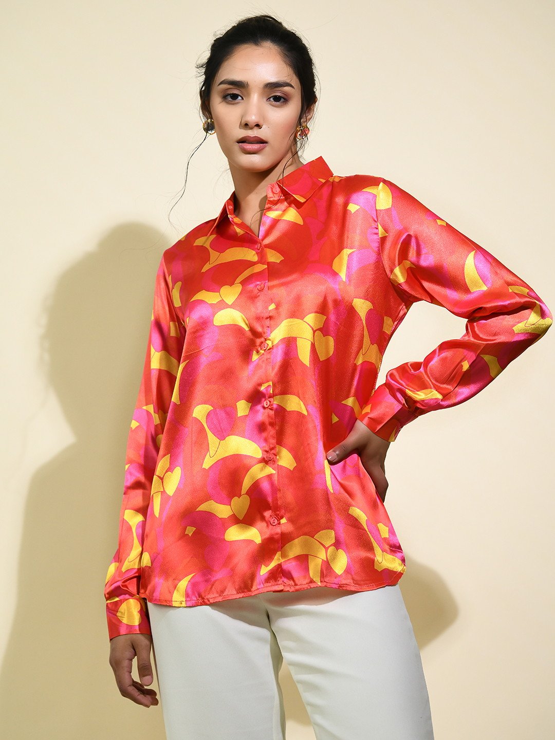 Red Abstract Printed Casual Satin Shirt for Ladies