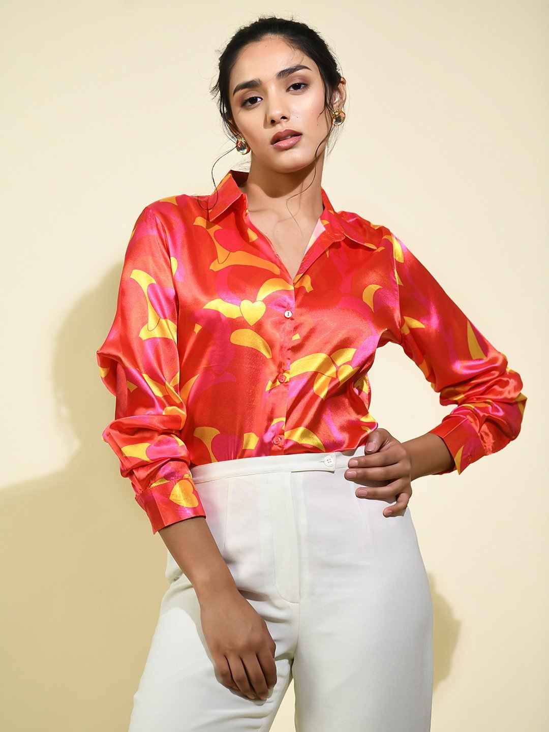 Red Abstract Printed Casual Satin Shirt for Ladies