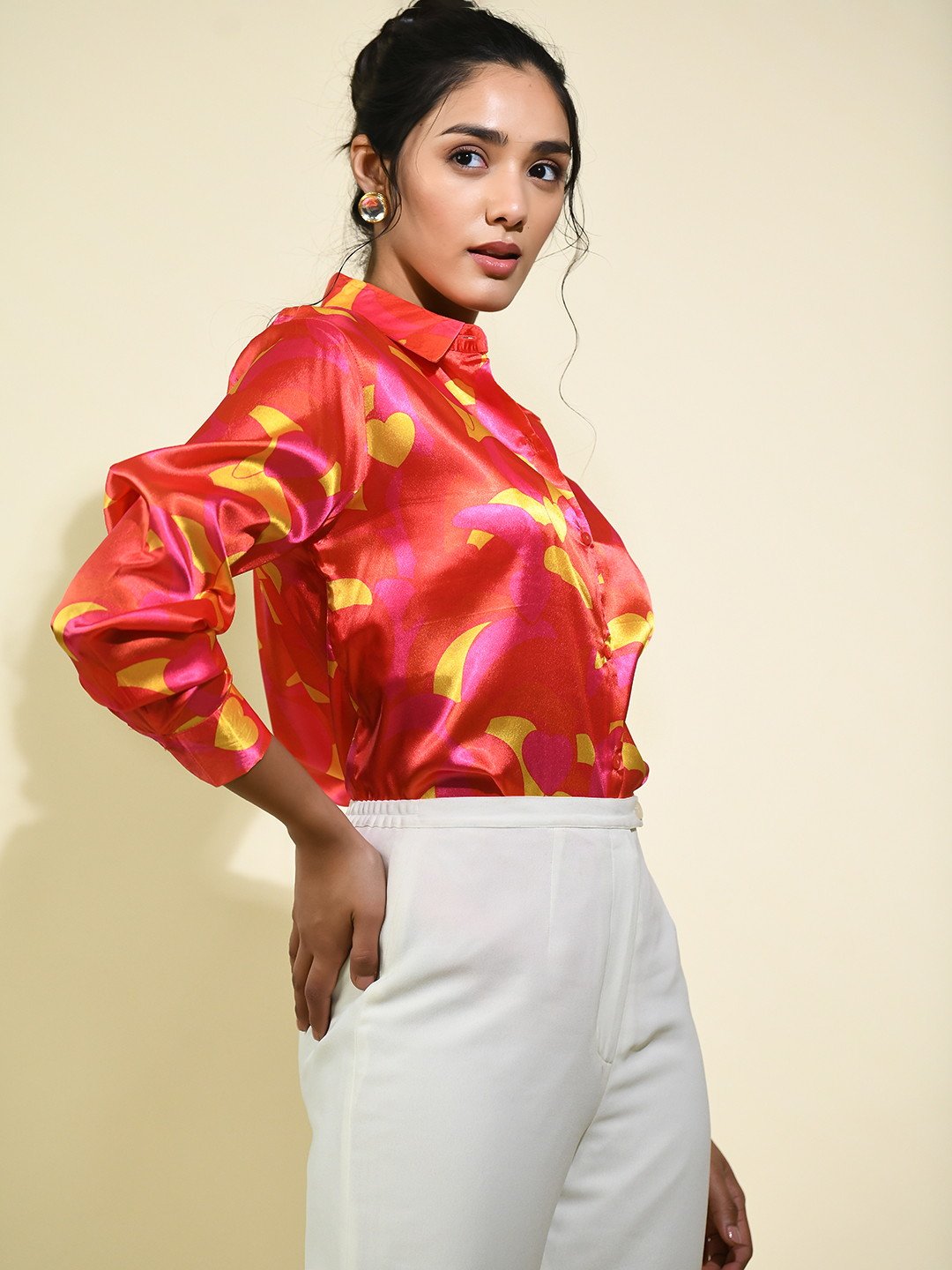 Red Abstract Printed Casual Satin Shirt for Ladies