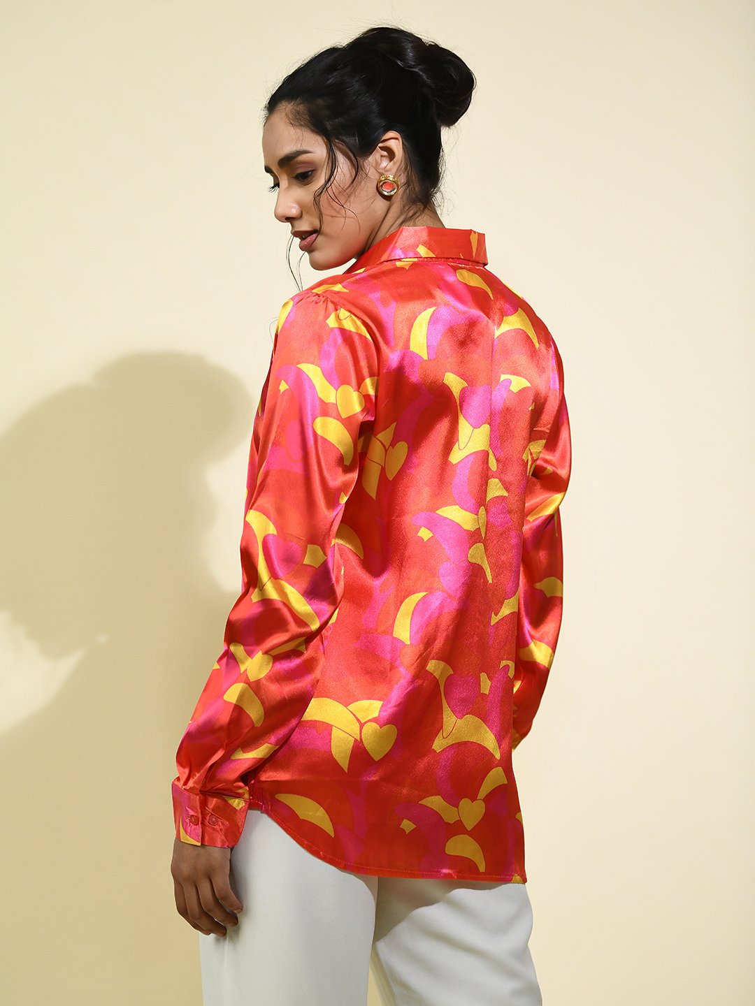 Red Abstract Printed Casual Satin Shirt for Ladies